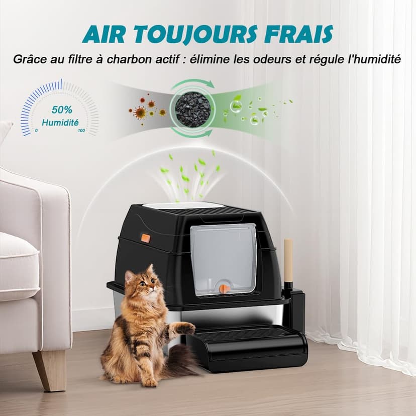 SZEETECH Bac Litiere pour Chat XL, Litière en Acier Inoxydable avec Couvercle, Bac Litiere pour Chat, Cat Litter Box, Pelle+Tapis+Marchepied- 60x40x39,5 cm (Noir) - 6