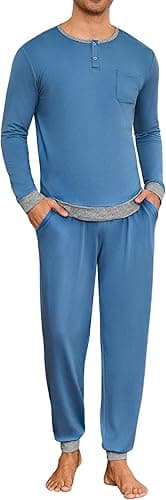 Mens Pyjama Set Winter Pajamas Henley Shirt Plain Color Nightwear For Men Long Sleeve Pjs Top and Full Length Loungewear Bottom With Pockets S-3XL