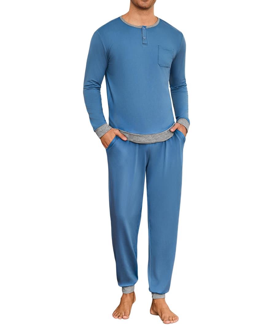 Mens Pyjama Set Winter Pajamas Henley Shirt Plain Color Nightwear For Men Long Sleeve Pjs Top and Full Length Loungewear Bottom With Pockets S-3XL - 1