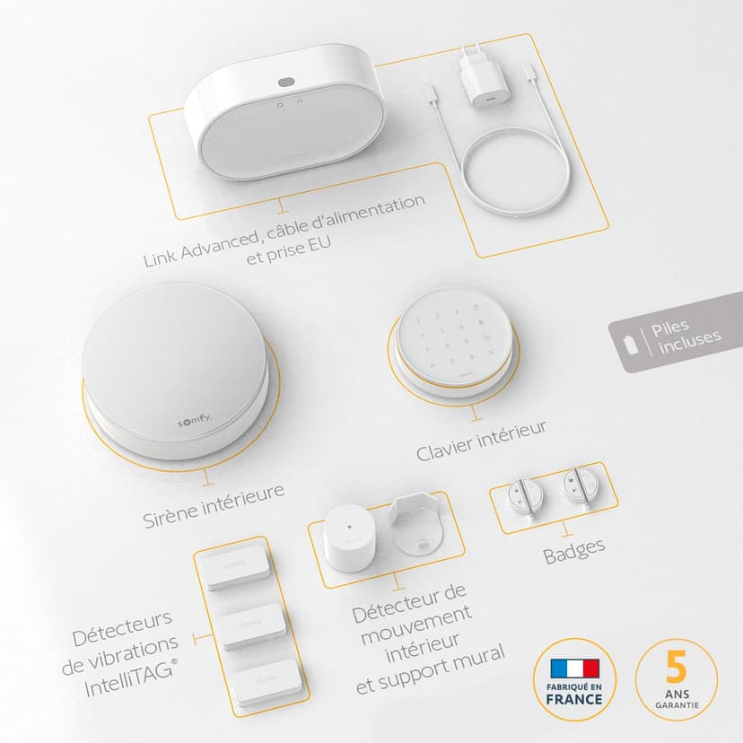 Somfy - Home Alarm Advanced - Système Alarme Maison sans Fil WiFi - Sirène Alarme Intérieure & 2 Badges - Kit de Sécurité pour la Maison Compatible Alexa, Google, Tahoma - Made in France - 2