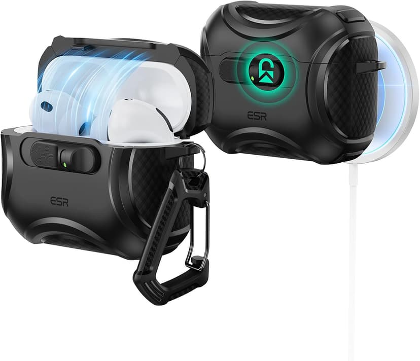 ESR Coque pour AirPods Pro 3 (2025), Compatible avec Les AirPods Pro 3e Génération (câble USB-C), MagSafe Simplifié, Verrouillage Antichute, Ouverture Facile, Série Cyber, Noir - 1
