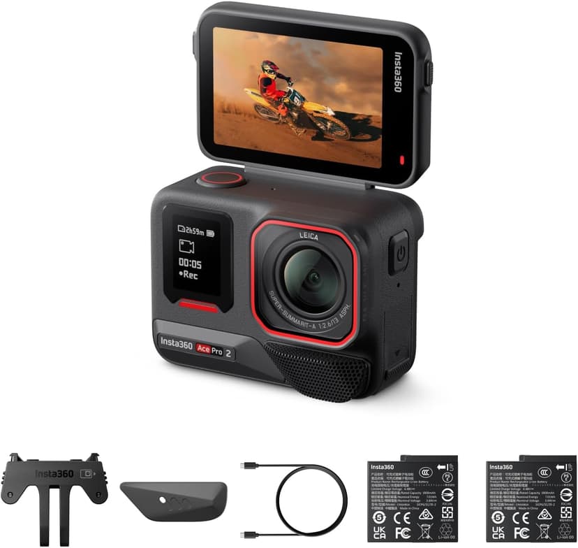 Insta360 Ace Pro 2 Dual Battery Bundle - 8K Waterproof Action Camera Co-Designed with Leica, 1/1.3" Sensor, Dual AI Chip, Low Light Quality, Advanced Audio, Flip Screen, AI Edition, Motorcycle - 1
