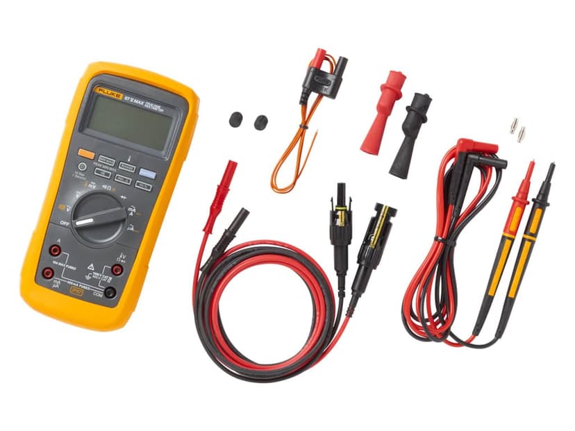 Fluke Multimètre numérique True-RMS 87 V Max avec kit de test solaire, multimètre nominal CAT III 1000 V, étui étanche et anti-poussière IP67, câbles de test MC4 et étui - 1