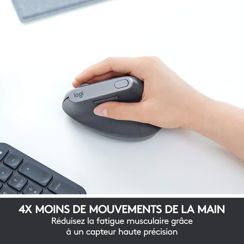 Logitech MX Vertical Souris Ergonomique sans Fil, Multi-Dispositifs, Bluetooth ou 2,4 GHz avec Récepteur USB Unifying, Suivi Optique 4000 PPP, 4 Boutons, Charge Rapide,Portable/PC/Mac/iPad OS-Graphite - 6