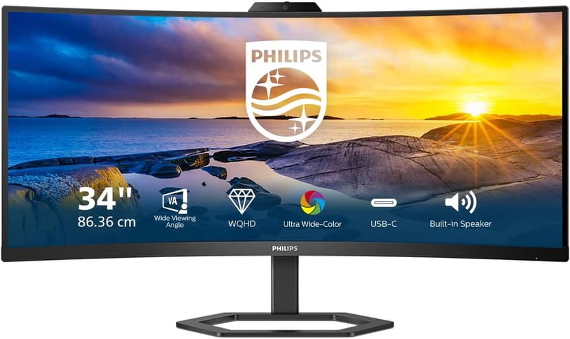 Philips 34E1C5600HE - 5000 Series - LED-Monitor - gebogen - 34"" - 3440 x 1440 WQHD @ 100 Hz - VA - 300 CD/m? - 3000:1-4 ms - HDMI, DisplayPort, USB-C - luidsprekers - textuurzwart (34E1C5600HE/00) - 1