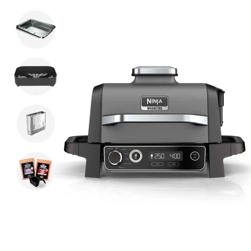 Ninja Woodfire Electric BBQ Grill & Smoker, 7-in-1 Outdoor Grill & Air Fryer, Roast, Bake, Dehydrate, Uses Woodfire Pellets, Weather Resistant, Non-Stick, Portable, Electric, Grey/Black, OG701UK - 1