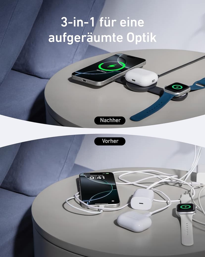 Anker MagGo Chargeur Induction iPhone Station de Recharge Sans Fil 3 en 1 Compatible MagSafe, Certifié Qi2 15W, Chargeur de Voyage pliable, iPhone 17/16/15, AirPods,Apple Watch (chargeur USB-C inclus) - 5