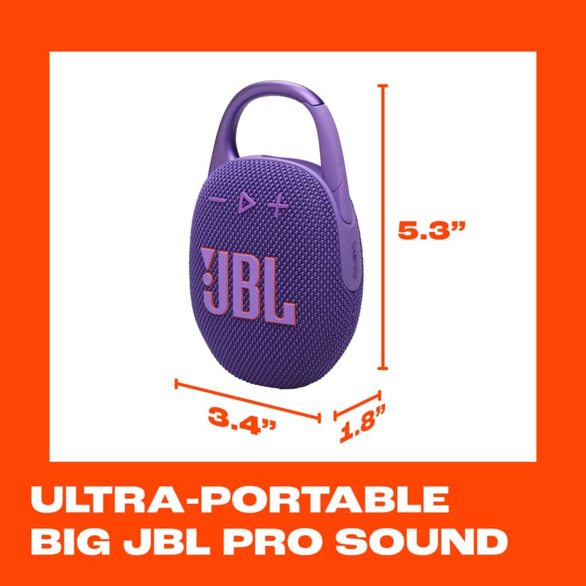 JBL Clip 5 - Ultra-Portable, Waterproof & Dustproof Bluetooth Speaker, Big Pro Sound with punchy bass, Integrated carabiner, Up to 12 Hours of Play, Made in part with recycled materials (Purple) - 5