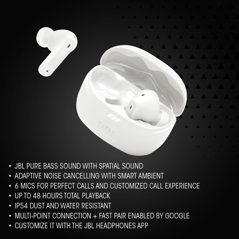JBL Tune Beam 2, Wireless Noise Cancelling Bluetooth Earbuds with 48h Playtime, IP54 Water and Dust Resistant, Multi-Point Connection, Ergonomic Design, Closed-Back Stick Design, White - 2