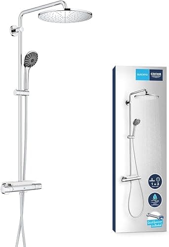GROHE Vitalio Joy 310 - Cool Touch Thermostatic Mixer Shower Set (Water Saving Technology, Rain, Soap Tray, 110 mm 3 Spray Hand, Silicone Nozzles, Hose 1.75 m), Chrome, 26401001