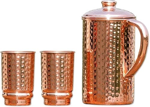 Pure Copper Ayurveda Pitcher and Tumbler Set - Hammered Design Jug with 2 Tumbers