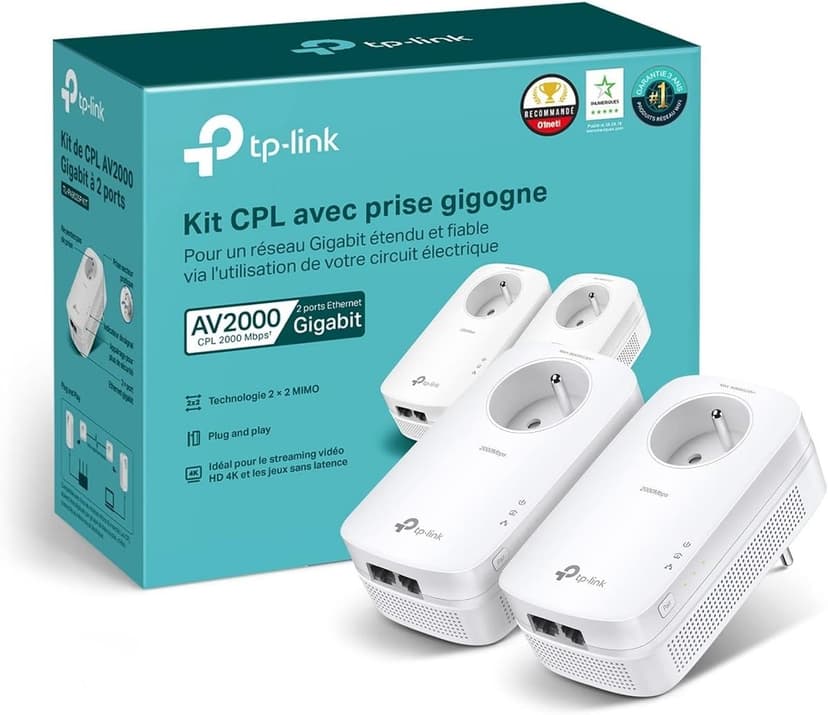 TP-Link 2000Mbps Powerline with 2 Gigabit Ethernet Ports and Integrated Socket, 2 Powerline Kit - Perfect Solution for Enjoying Multi-TV Service at Home -TL-PA9025P KIT (EN) - 1