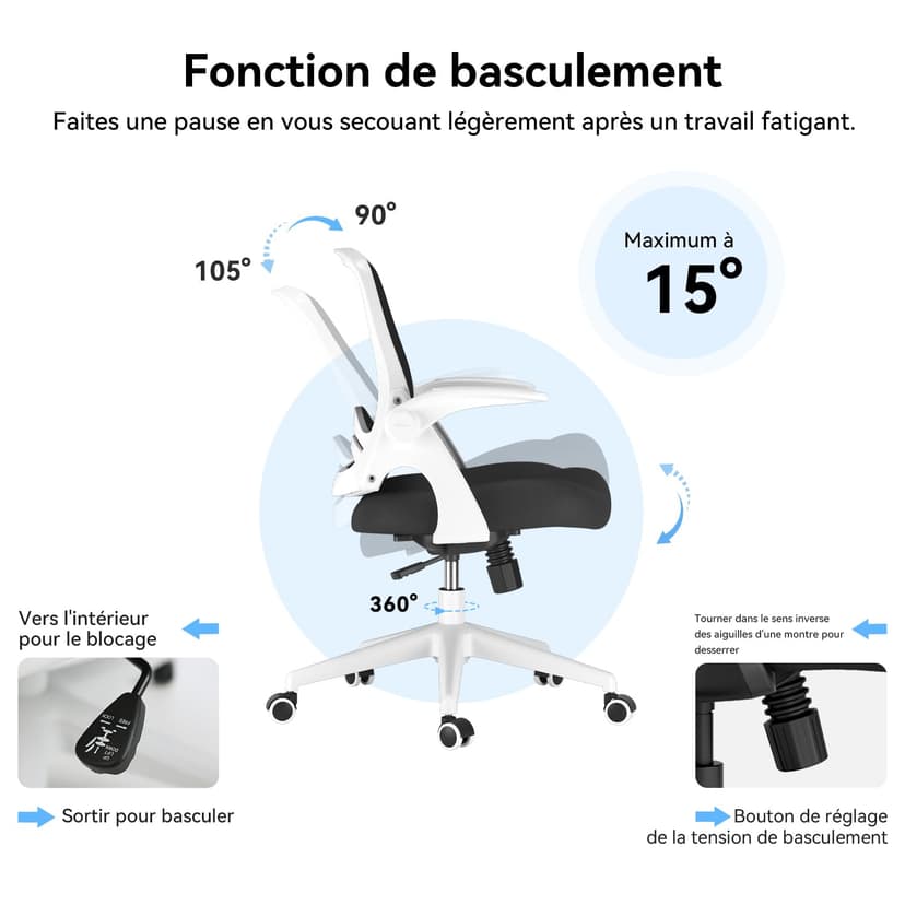 Hbada Office Chair Desk Chair Flip-up Armrest Ergonomic Task Chair Compact 120° Locking 360° Rotation Seat Surface Lift Reinforced Nylon Resin Base, White - 8