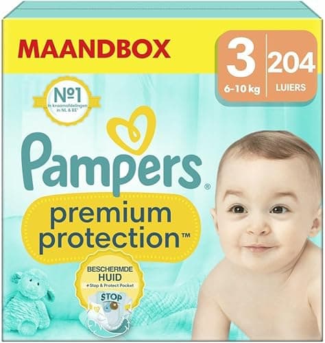 Pampers Couches Premium Protection Taille 3 (6-10 kg), 204 Couches Bébé, Pack 1 Mois, Notre N°1 Pour La Protection Des Peaux Sensibles