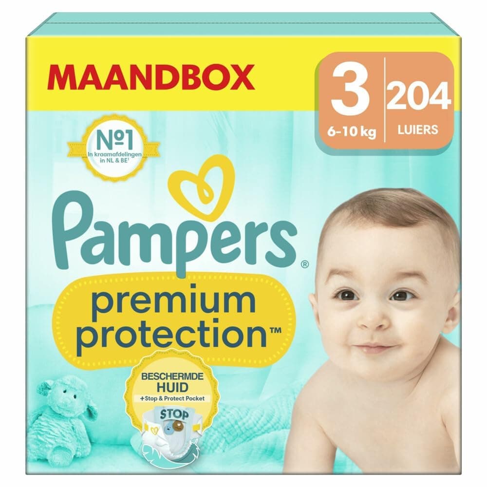 Pampers Couches Premium Protection Taille 3 (6-10 kg), 204 Couches Bébé, Pack 1 Mois, Notre N°1 Pour La Protection Des Peaux Sensibles