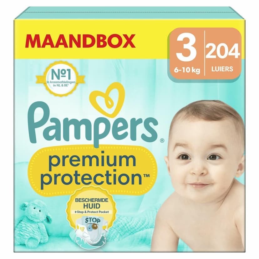 Pampers Couches Premium Protection Taille 3 (6-10 kg), 204 Couches Bébé, Pack 1 Mois, Notre N°1 Pour La Protection Des Peaux Sensibles - 1
