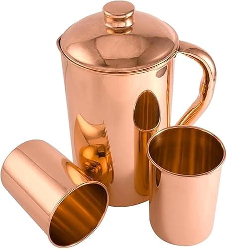 100% Pure Copper Jug1500 ml With 2 Tumblers | Drinking Water Plain Pitcher With Glasses | Copper Jug Set With Lid & Cups | Handle Water Bottle | Ayurveda Health Benefits