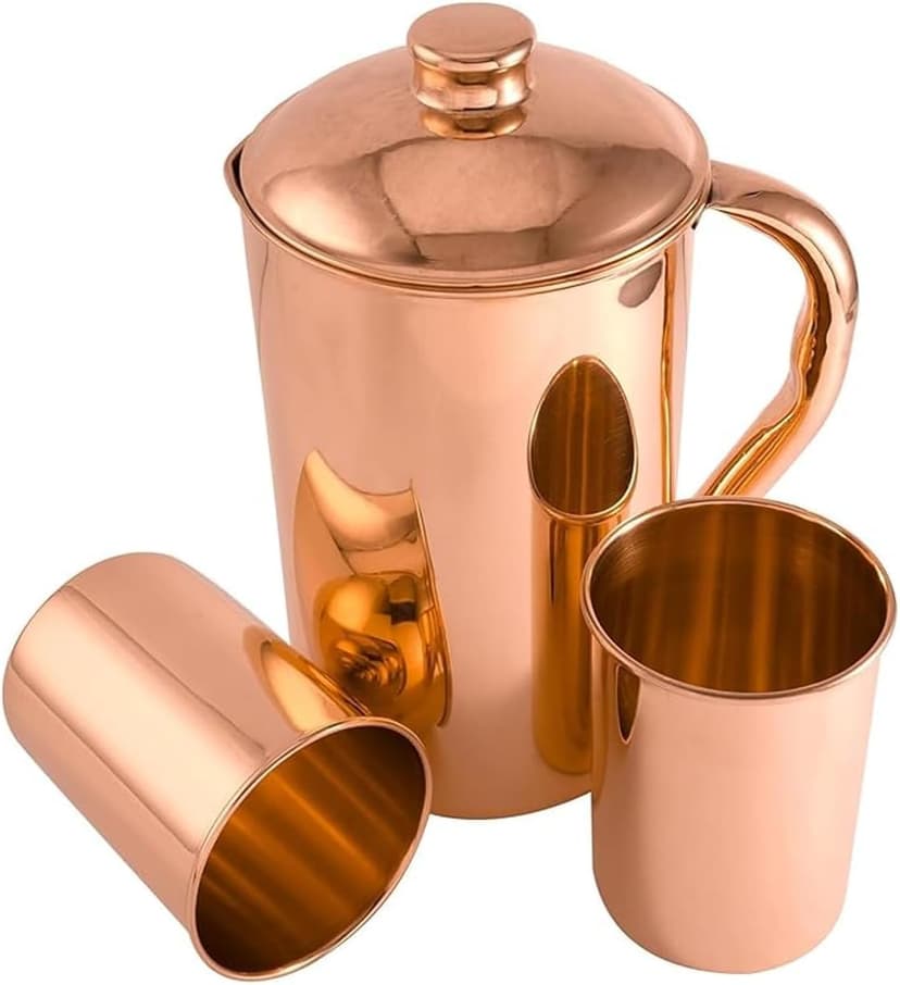 100% Pure Copper Jug1500 ml With 2 Tumblers | Drinking Water Plain Pitcher With Glasses | Copper Jug Set With Lid & Cups | Handle Water Bottle | Ayurveda Health Benefits - 1