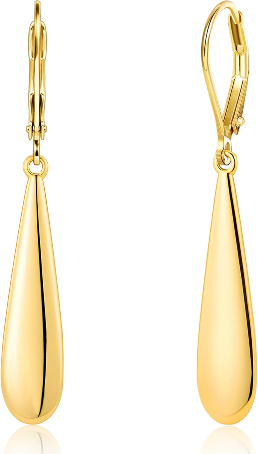 Women's Long Gold Earrings 14 Carat Gold Plated Sterling Silver 925 with French Ear Hooks, Long Earrings with Teardrop Pendant in the Shape of a Water Drop for Women - 1