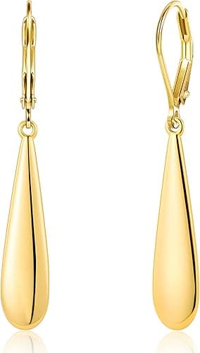 Women's Long Gold Earrings 14 Carat Gold Plated Sterling Silver 925 with French Ear Hooks, Long Earrings with Teardrop Pendant in the Shape of a Water Drop for Women