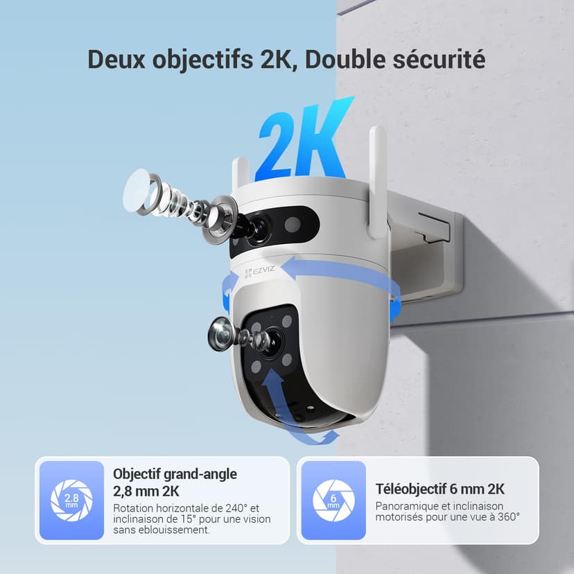 EZVIZ 3MP+3MP Caméra Surveillance WiFi Extérieure à Double Objectif, 360° PTZ Camera, Suivi Auto, Détection de Forme Humaine/Véhicule,Défense Active,Vision Nocturne Couleur 40M, C9c 2K Dual - 3