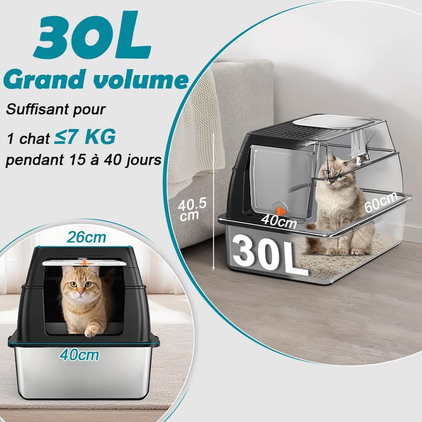 SZEETECH Bac Litiere pour Chat XL, Litière en Acier Inoxydable avec Couvercle, Bac Litiere pour Chat, Cat Litter Box, Pelle+Tapis+Marchepied- 60x40x39,5 cm (Noir) - 2