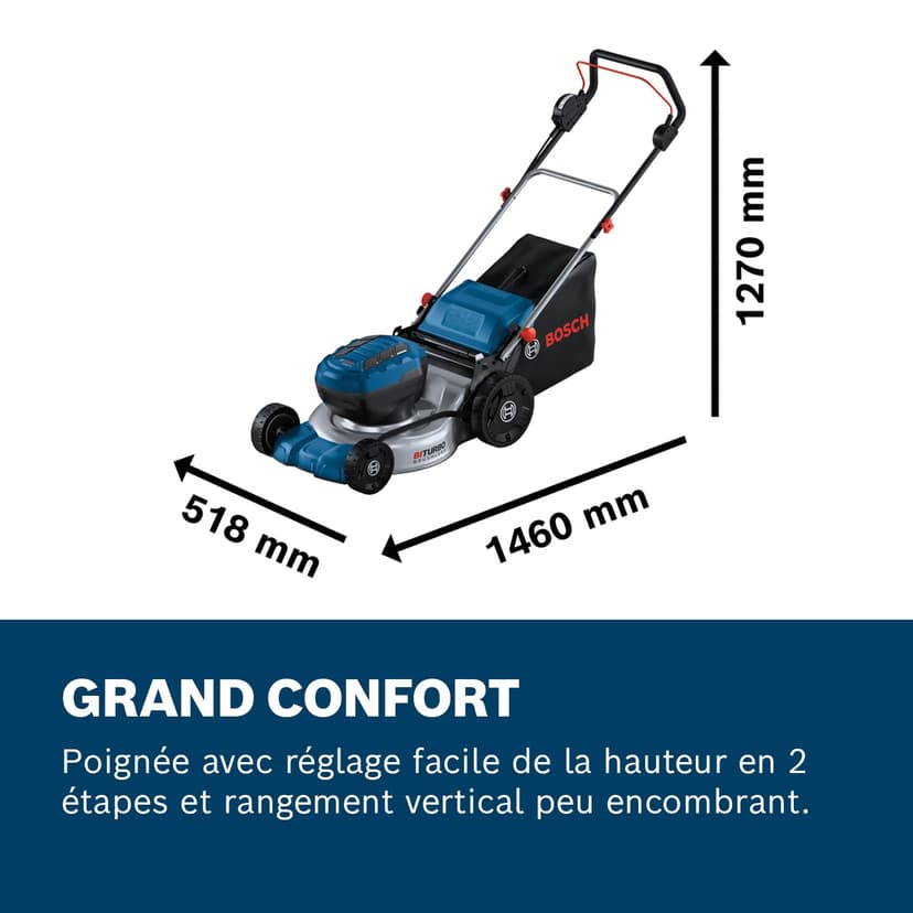Bosch Professional 18V System tondeuse à gazon sans-fil GRA 18V2-46 (largeur coupe : 46 cm, réglage de hauteur dans 6 positions, sac ramassage en toile 60 l, 2 clés coupe-circuit, bouchon mulching) - 6