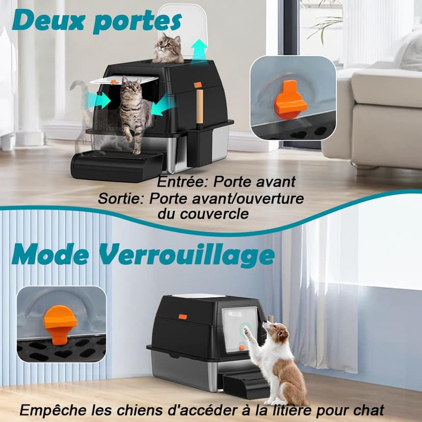 SZEETECH Bac Litiere pour Chat XL, Litière en Acier Inoxydable avec Couvercle, Bac Litiere pour Chat, Cat Litter Box, Pelle+Tapis+Marchepied- 60x40x39,5 cm (Noir) - 4