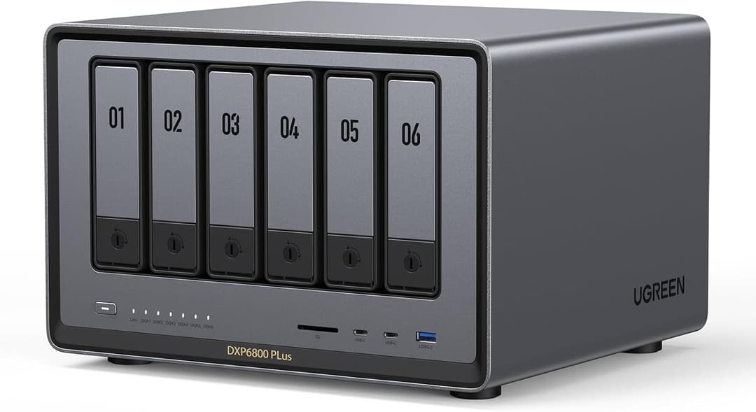 UGREEN NASync DXP6800 Plus NAS Desktop a 6 Alloggiamenti, Intel i3‑1215U 6‑Core, 8GB DDR5 RAM, SSD 128GB, 2.5GbE & 10GbE LAN, 2 Slot M.2 NVMe, HDMI 4K, Network Attached Storage (senza dischi)
