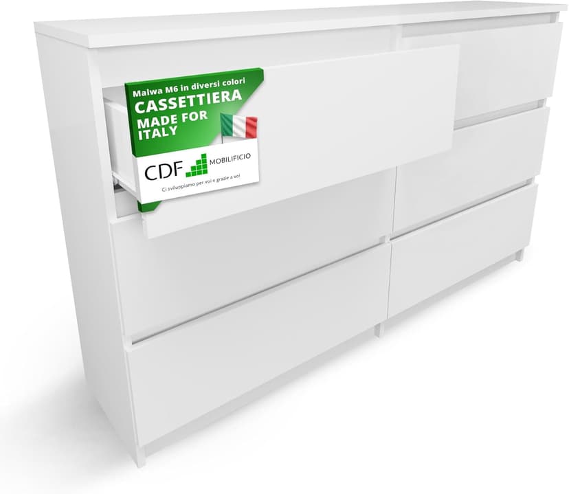 CDF MILAN | Contemporary Drawer Dresser bedroom lounge office 30x120x75 cm | Colour: White | 6 drawers | Storage furniture - 1