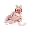 Llorens 1018480 Tala Baby Doll with Brown Eyes and Soft Body, Baby Doll with Fluffy Pink Winter Outfit, Dummy, Dummy Chain, 44 cm - 3