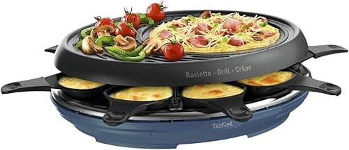 Tefal Colormania 3-in-1 Raclette Grill and Pancake Raclette, Easy Plus Non-Stick Coating, 8 Dishwasher-Safe, 1050 W, Steel Blue RE310401
