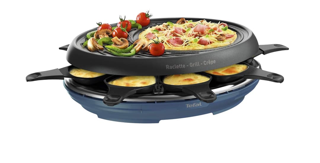 Tefal Colormania 3-in-1 Raclette Grill and Pancake Raclette, Easy Plus Non-Stick Coating, 8 Dishwasher-Safe, 1050 W, Steel Blue RE310401