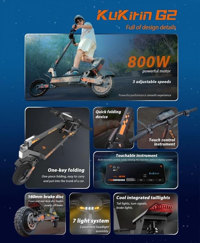 Trottinette électrique Pliable Kukirin, Moteur 800 W, Batterie 48 V 15 Ah, pneus 10 Pouces, autonomie 55 km, écran Tactile, Freins à Disque Avant et arrière（Version 2026） - 2