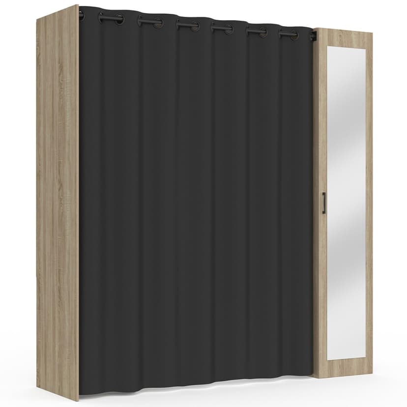 IDMarket - Dressing extensible MERYL 145/170 x 50 x 180 cm hêtre avec étagères + double penderie + miroir + rideau noir - 5