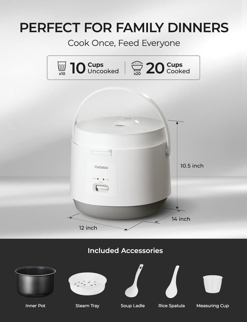 CUCKOO CR-1095 10-Cup (Uncooked) / 20-Cup (Cooked) Basic Rice Cooker and Warmer with Nonstick Inner Pot, Switch Press (White) - 3