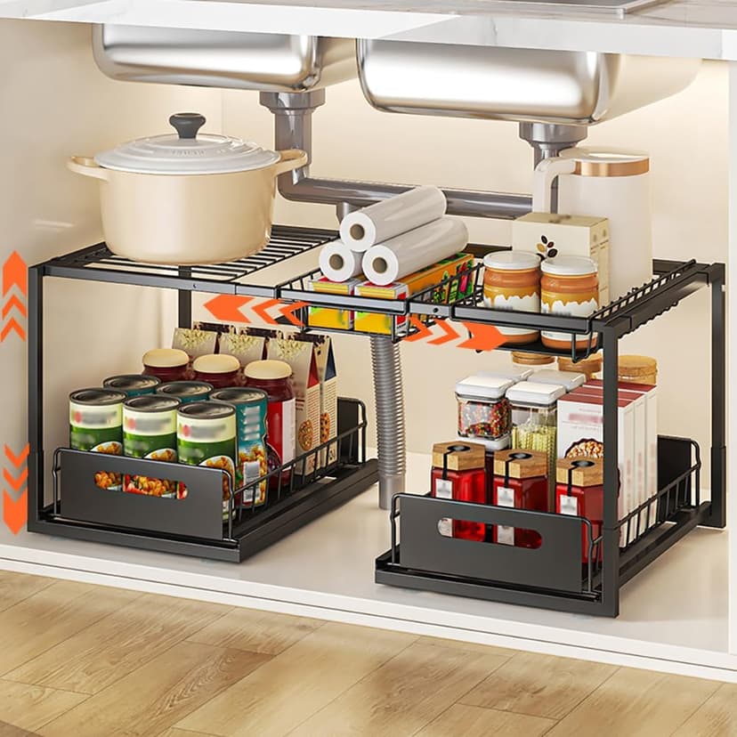 YunNasi Expandable Under Sink Storage 2-Tier Pull Out Organizer for Cupboard Adjustable Sliding Drawer Steel Rack for Cabinet Kitchen Bathroom (Black, B style) - 1