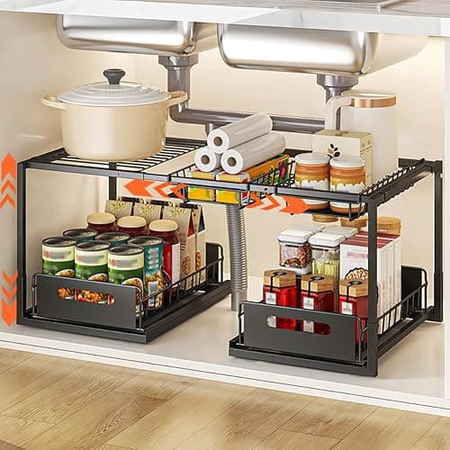 YunNasi Expandable Under Sink Storage 2-Tier Pull Out Organizer for Cupboard Adjustable Sliding Drawer Steel Rack for Cabinet Kitchen Bathroom (Black, B style)