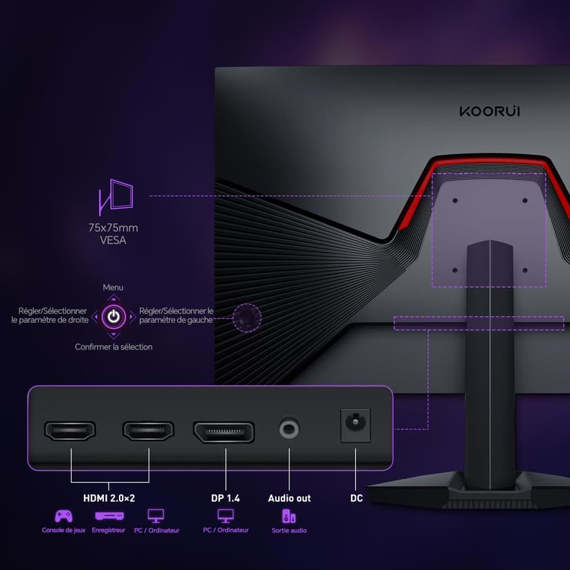 KOORUI G2721P Ecran PC Gamer 27 Pouces - 200Hz IPS QHD 1440P Ecran Gaming, 1ms HDR400 Adaptive Sync, Compatible VESA 75x75mm, HDMI 2.0/DP1.4 - 6