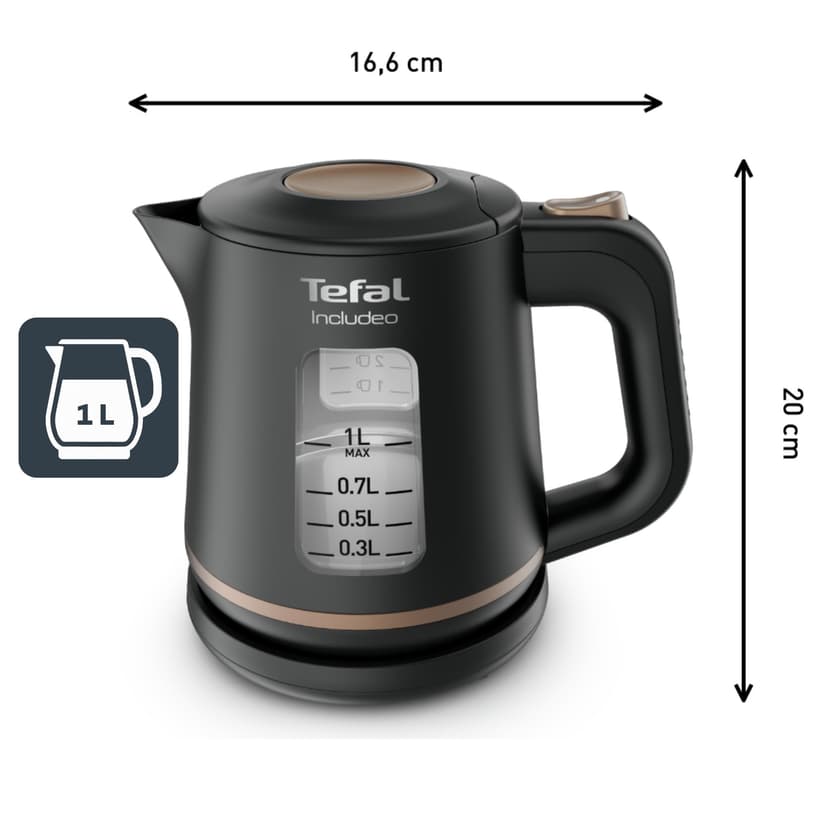 Tefal KI5338 Includeo Kettle | Capacity 1 Litre | Non-Slip Handle | Easy to Read Water Level | 360° Swivel Base | Removable Filter | Black/Copper - 3