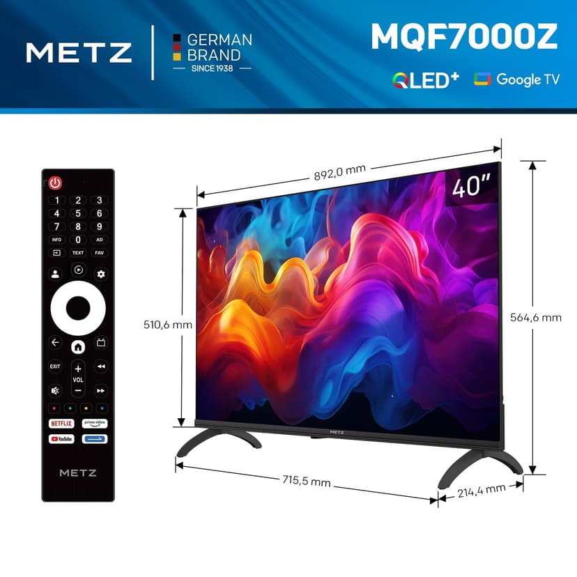 Metz 40 Pouces (100 cm) Smart TV FHD, QLED, LED Television Google Tele HDR 10 Dolby Audio Bluetooth 5,1 EyeCare Tuner DVB-T/T2/C/S/S2 CI+ (40MQF7000Z) - 4