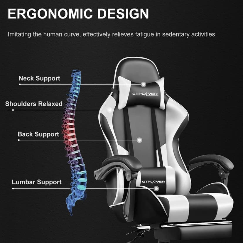 GTPLAYER Gaming Chair, Massage Computer Chairs with Footrest, Headrest and Lumbar Support Height Adjustable Ergonomic 360°-Swivel PC Chair White - 6