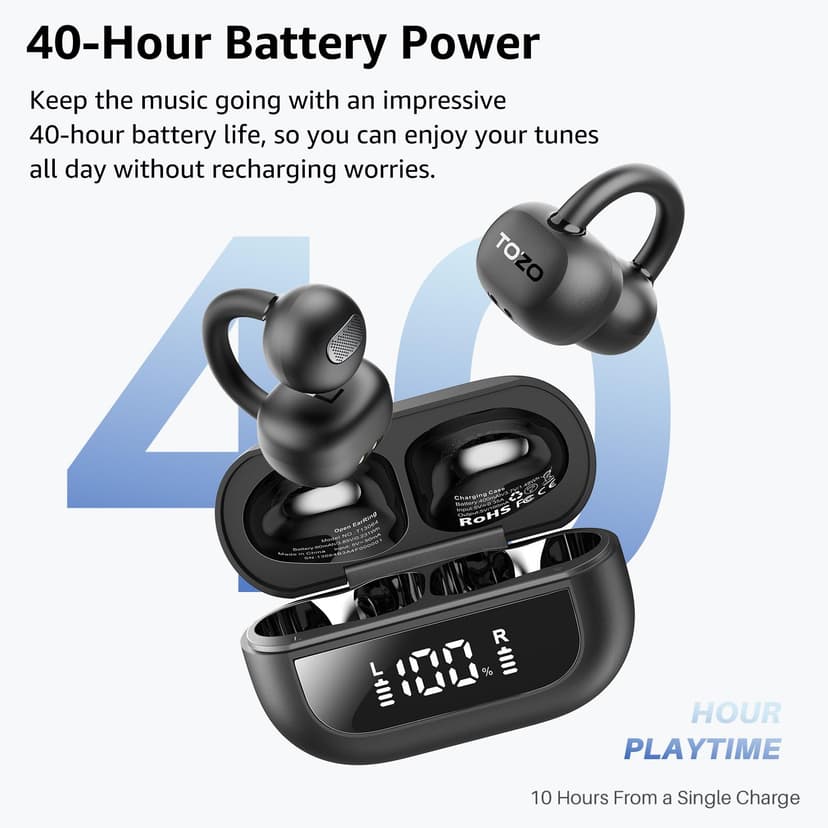 TOZO OpenEarRing Écouteurs Bluetooth sans Fil Ecouteurs Bluetooth 5.1 Ultraléger avec Réduction IA de Bruit ORIGX Acoustique EQs Ajustement 40H d'Autonomie LED Écran USB Type C IPX5 Noir - 5