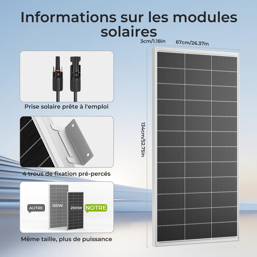 Rvpozwer 400W Panneaux Solaires Monocristallins, 2×200w Module PV pour Batteries 12V, Panneau Solaire de N-type, Panneau Solaire pour RV, supports de toit, bateaux - 6