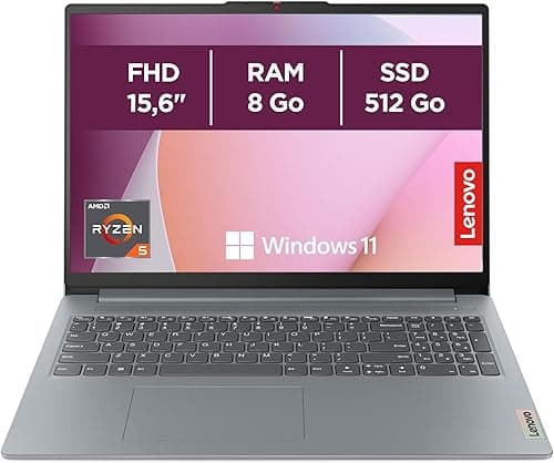 Lenovo IdeaPad Slim 3 15AMN8 - Ordinateur Portable 15.6'' FHD (AMD Ryzen 5 7520U, RAM 8Go, SSD 512Go, AMD Radeon 610M Graphics, Windows 11 Home) Clavier AZERTY Français - Gris