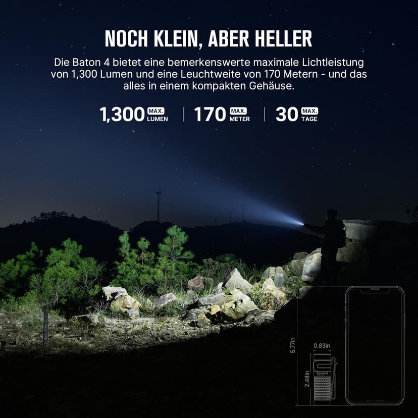 OLIGHT Baton 4 LED Small Torch Rechargeable up to 1300 Lumens, 170 m Light Range, Super Bright Mini Torch with 6 Modes, 30 Days Running Time, Strong Flashlight, IPX8 for Everyday Use, Orange - 2