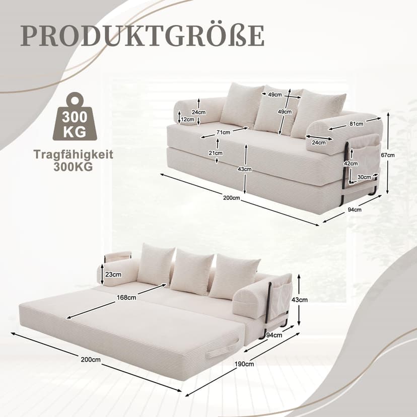 2 Seater Corduroy Sofa Bed, Multifunctional Modern Convertible Sofa, Side Pockets and 3 Cushions, DIY Free, for Living Room, Bedroom, Office (Beige-L) - 2