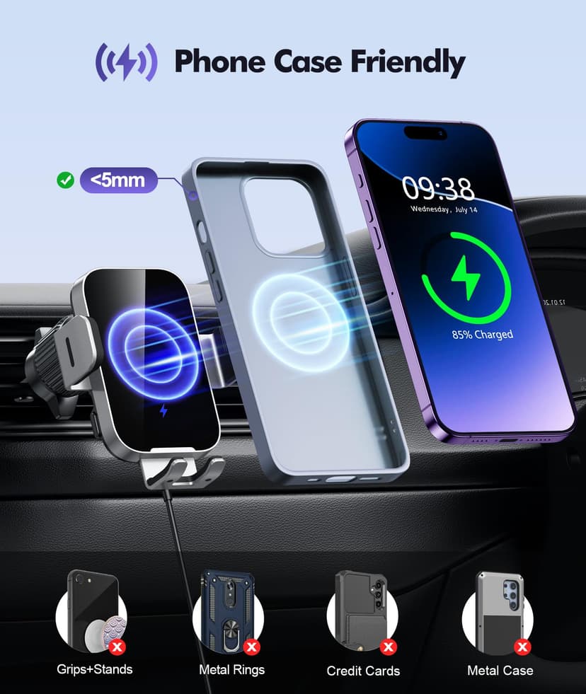 ISEYOU Car Phone Holder Wireless Charger, 15W Fast Charging Auto Clamping Wireless Car Charge, 360° Rotation Air Vent Mount With Electric Sensor Compatible For iPhone 16 15 14 Pro Max, Samsung Galaxy - 7