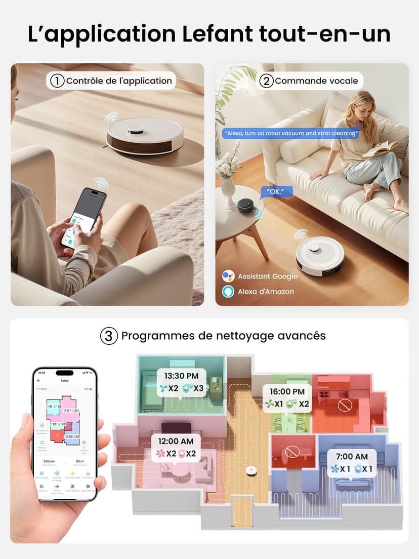 Lefant M2 Plus Robot Aspirateur Laveur 6000Pa avec Station Vidage Automatique Poussière,Navigation Laser avec Cartographie,Évitement d'obstacles PSD,140min,Idéal pour Poils d'animaux - 8