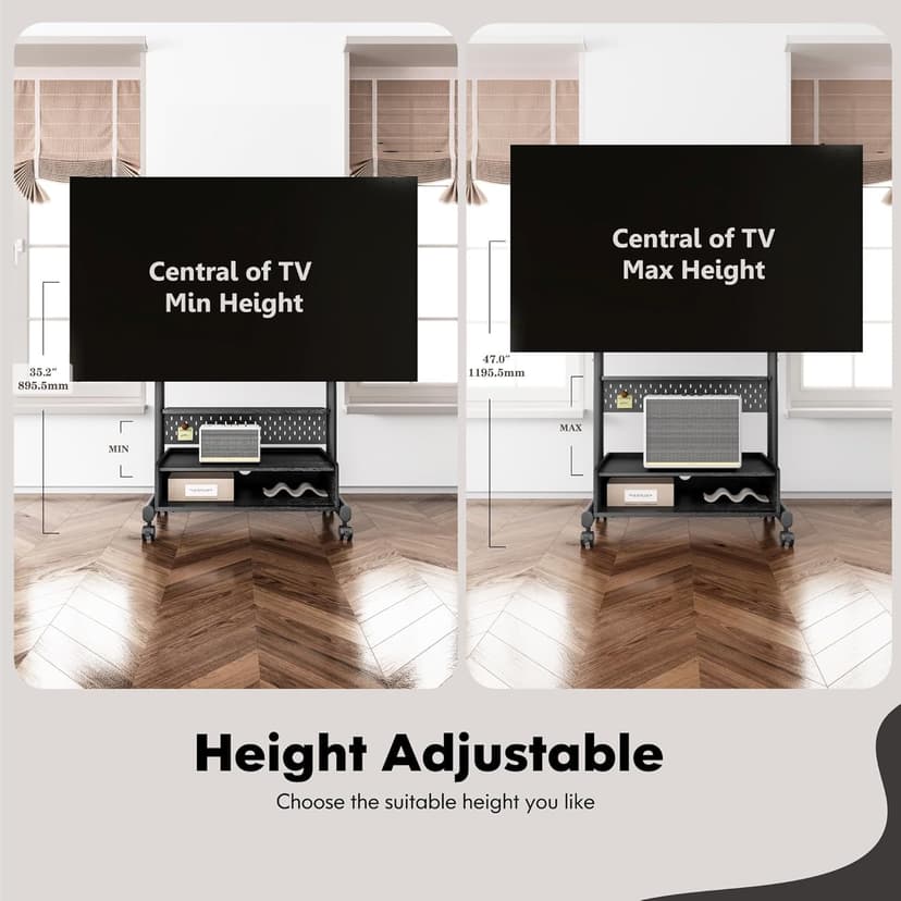 FITUEYES TV Floor Stand on Wheels for 40-85" Screens, Rolling TV Stand Cart with Peg Board, Height Adjustable, Lockable Casters & Storage Cabinet Holds 60kgs, Black, K Series - 4